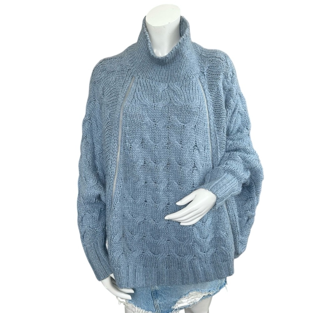 Free People Cable Knit Oversized Pullover Poncho Wool Alpaca Blue Gray Sweater M